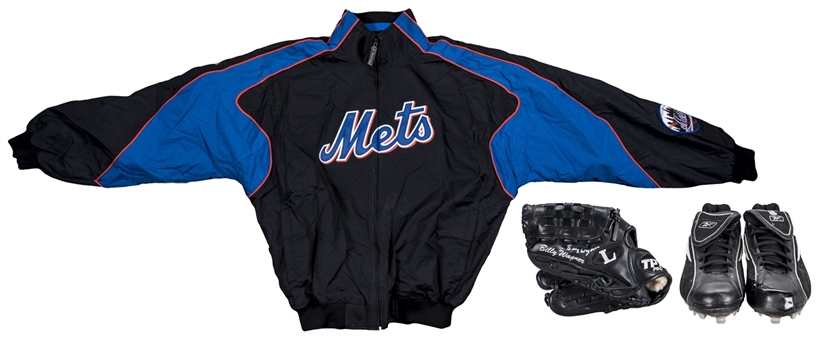 Lot of (3) Billy Wagner Game Used New York Mets Dugout Jacket, Reebok Cleats & Louisville Slugger Glove (2 Signed) (Mets-Steiner, PSA/DNA & Beckett)